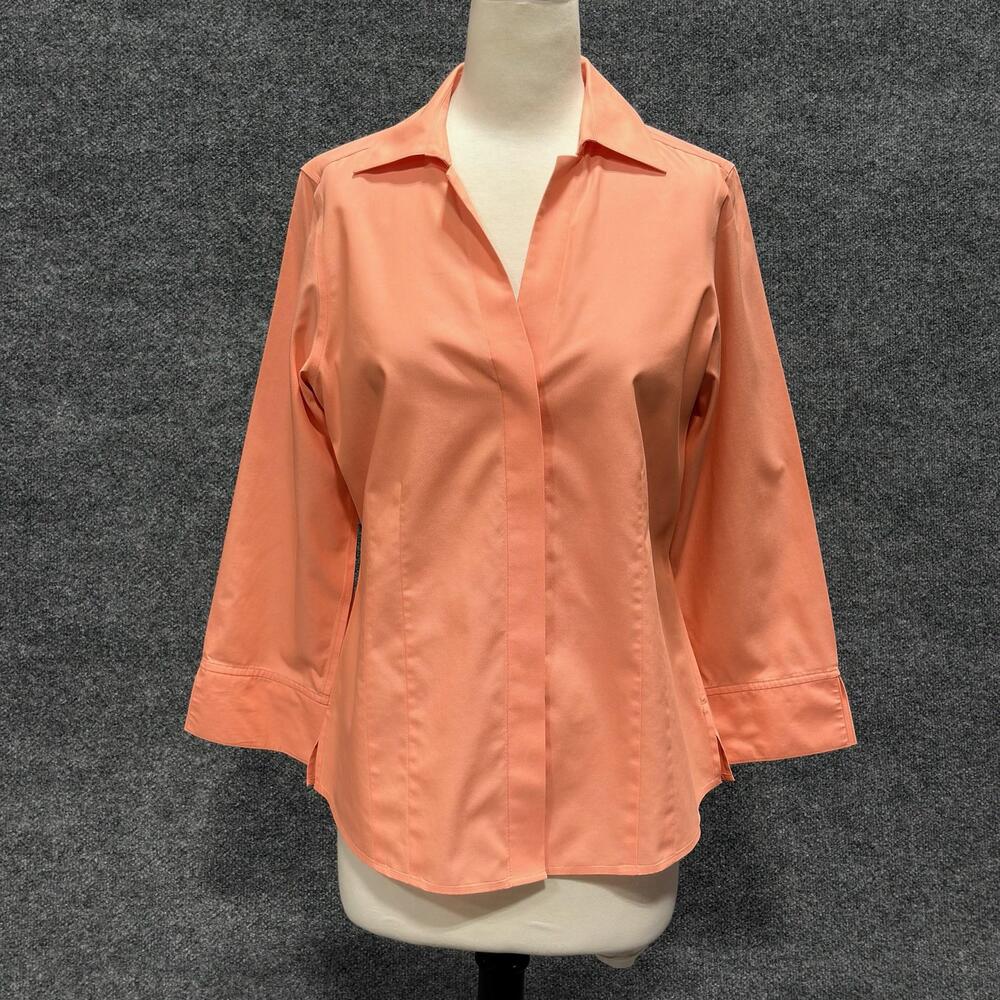 Foxcroft Shirt Womens 8 Orange Non Iron Fitted 3/4 Sleeve Top Button Front